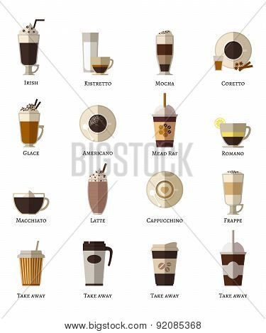 Coffee types vector flat icons set