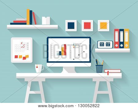 Home office interior. Stylish workspace on home or studio. Vector Flat design of modern home office interior with designer desktop. Creative office workspace, workplace of student with computer