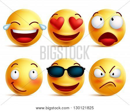 Smiley face icons or yellow emoticons with emotional funny faces in glossy 3D realistic isolated in white background. Vector illustration