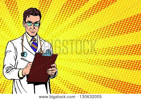 Doctor pop art retro vector. Portrait Of A Confident Mature Doctor. Doctor with a stethoscope. Bypassing doctor, diagnosis