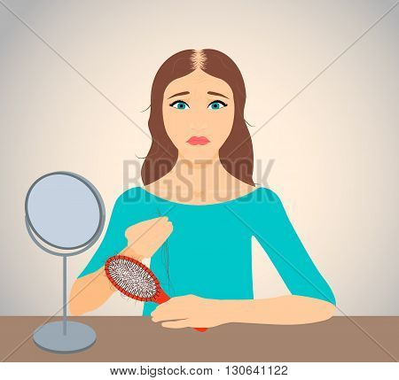 Woman with receding hair holding a clump of hair and a hairbrush in her hands. Woman losing hair. Female hair loss. Hair care concept. Hair loss clinic concept design. Isolated vector illustration.