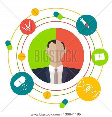 Vector illustration of a man before and after hair loss. Divided image of a man. Two halves. Hair loss factors - stress, genetics, diseases and medications. Hair care concept. Infographics elements.