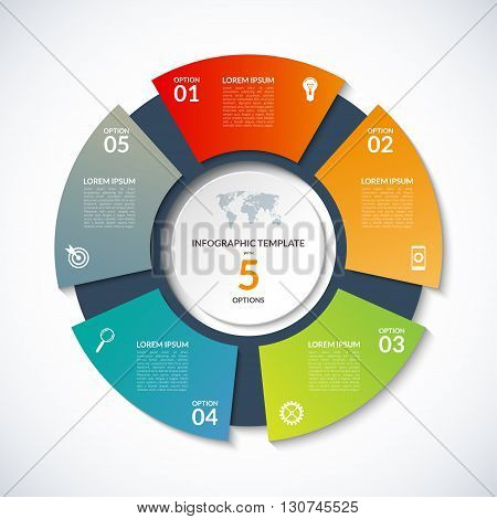 Vector circle template for infographics. Business concept with 5 options, steps, parts, segments. Banner for cycling diagram, round chart, pie chart, business presentation, annual report, web design