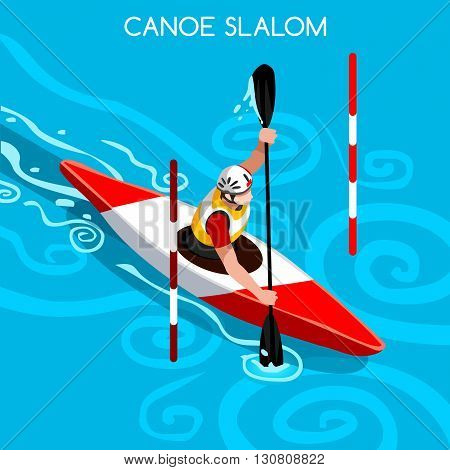 Kayak Slalom Canoe Summer Games Icon Set.3D Isometric Canoeist Paddler.Slalom Kayak Sporting Competition Race.Sport Infographic Kayak Slalom Vector Illustration