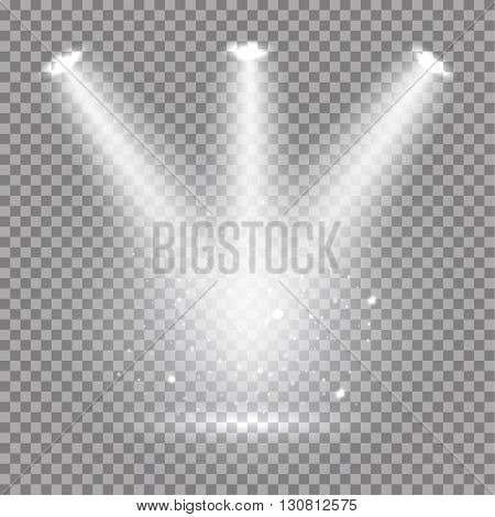 White glowing transparent spotlight background. Vector spotlight background illustration.  Transparent shine spotlight background. Bright lighting effect spotlights. Realistic studio illumination.