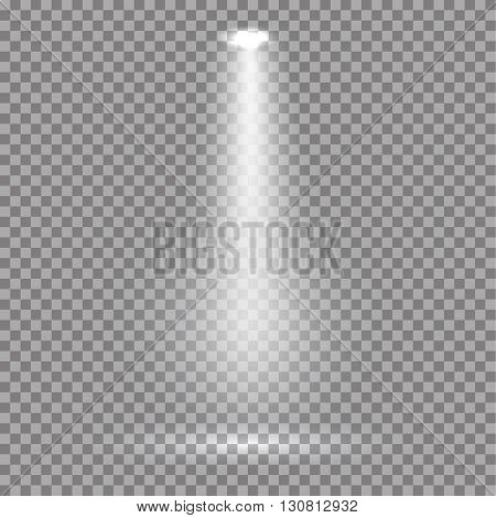 White glowing transparent spotlight background. Vector spotlight background illustration.  Transparent shine spotlight background. Bright lighting effect spotlights. Realistic studio illumination.