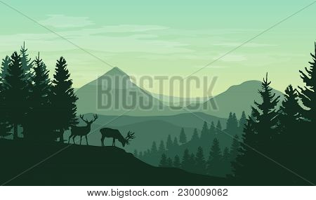 Vector Atmospheric Landscape With Silhouettes Of Mountains, Hills, Forest And Two Deers