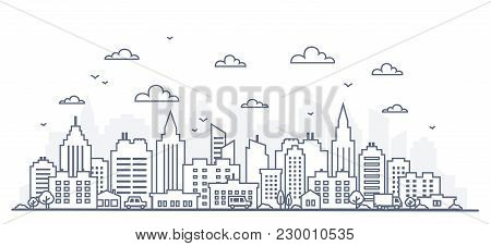 Thin Line Style City Panorama. Illustration Of Urban Landscape Street With Cars, Skyline City Office