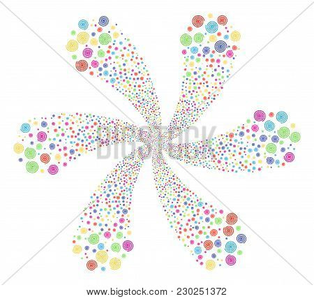 Colorful Hypnosis Curl Composition. Hypnotic Cluster Combined From Scatter Hypnosis Objects. Vector 