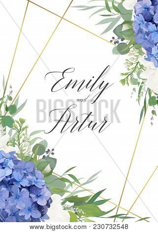 Wedding Floral Invite, Save The Date Card Design With Elegant Blue Violet Hydrangea Flowers, White G