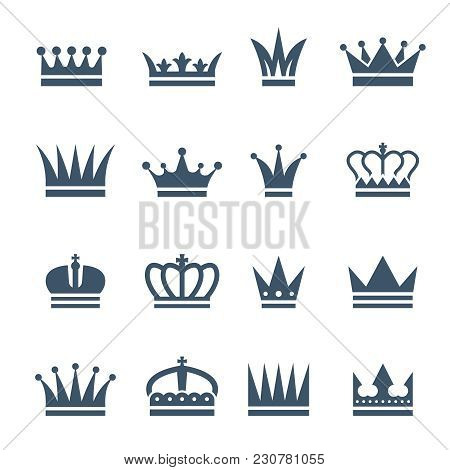 Set Of Monochrome Crowns. Illustrations For Luxury Badges. Vector Crown For King, Royal Luxury Vinta