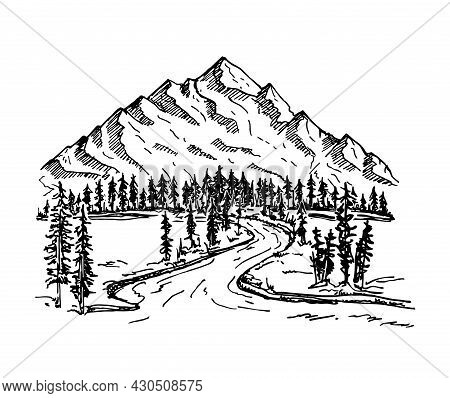 Mountain With Pine Trees And Landscape Black On White Background. Alpine Landscape, Forest And Mount