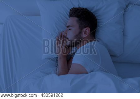 Healthy Sleeping, Sleep Hygiene Concept. Young Man Sleeping In Comfy Bed At Home, Copy Space, Top Vi