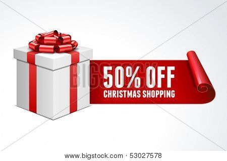 Open gift box with red bow isolated on white. Sale 50% off. Vector illustration eps 10. 