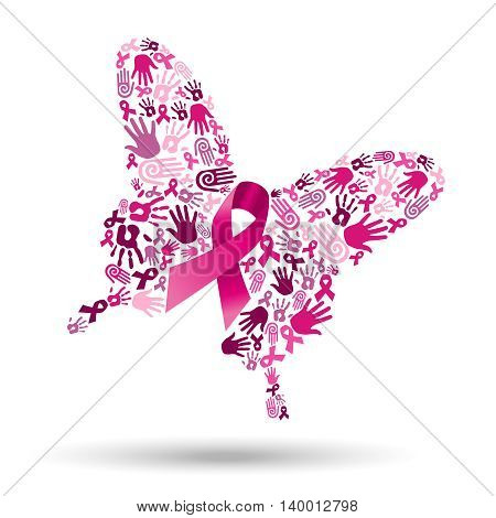 Pink butterfly silhouette made of hand shapes with ribbon for breast cancer awareness social collaboration concept. EPS10 vector.