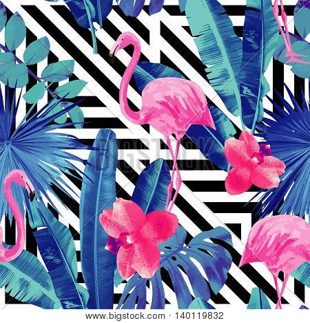 Watercolor tropic pink flamingos and orchid with of trendy blue floral plant jungle palm banana leaf Wallpapers paradise beach summer bird seamless vector pattern. Black and white geometric background