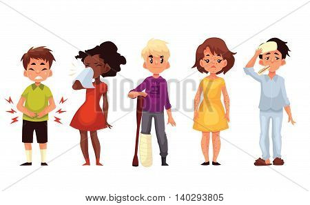 Set of sick children cartoon style vector illustration isolated on white background. Kids, boys and girls, having cold, running nose, stomach ache, broken leg and chickenpox