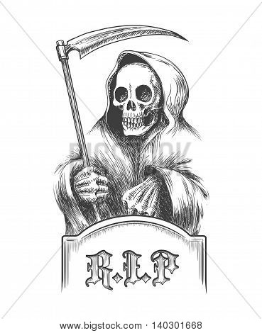 Death with a scythe on the cemetery over a tombstone. Illustration in engraving style.