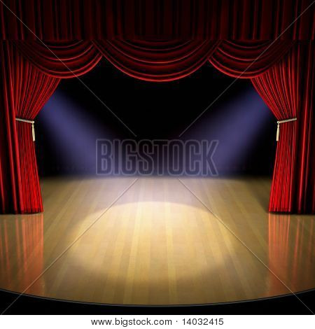 Theatre stage with red curtain and spotlights on the stage floor.