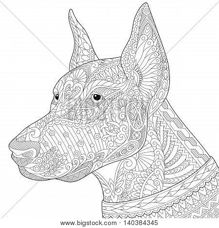 Stylized doberman pinscher dog isolated on white background. Freehand sketch for adult anti stress coloring book page with doodle and zentangle elements.