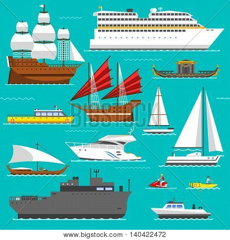 Ship, boat vessel, warship and cargo ship, cruise ship. Yacht, wherry, hovercraft. Water ship transport sea boat set. Super set of water ships carriage maritime transport in modern flat design vector