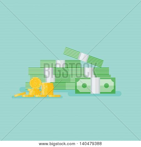 Stacked pile of cash with gold coins. Heap of money pack. Flat style vector illustration.