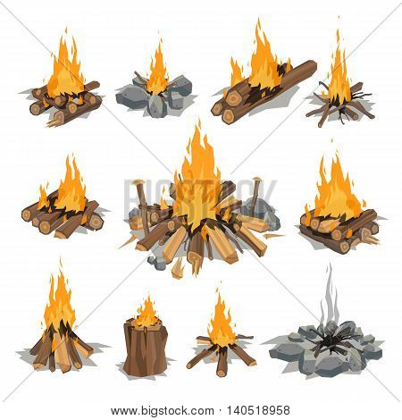 Isolated illustration of campfires logs burning bonfires. Bonfires on white background. Vector bonfire isolated and wood explosion glowing bonfire isolated. Red nature burning blazing power vector.