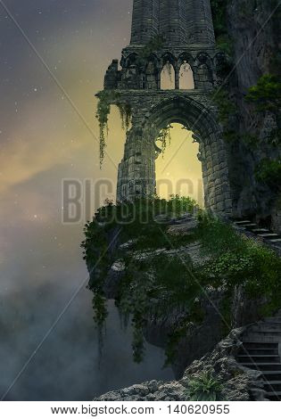 Fantasy gateway ruin in a mountain and landscape with fog