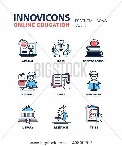 Online Education - modern vector thin line flat design icons and pictograms set. Webinar, ideas, back to school, lessons, books, homework, library, research, tests