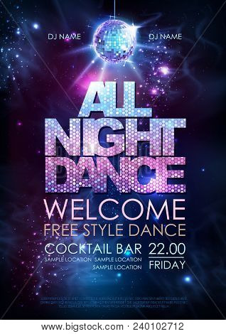 Disco Ball Background. Disco All Night Dance Party Poster On Open Space Background