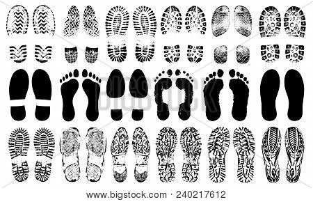 Footprints Human Shoes Silhouette, Vector Set, Isolated On White Background. Shoe Soles Print. Foot 