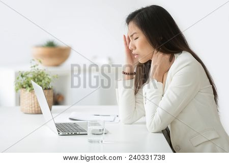 Stressed Asian Businesswoman Having Headache At Work Concept, Frustrated Dizzy Chinese Woman Touchin