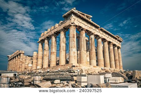 Beautiful Sunny View Of Parthenon On The Acropolis Of Athens, Greece. The Famous Ancient Greek Parth