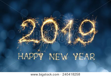 Greeting Card Happy New Year 2019. Beautiful Holiday Web Banner With Golden Text Happy New Year 2019