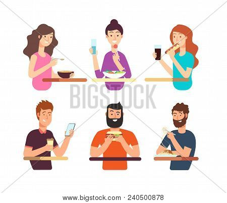 People, Hungry Persons Eating Different Foods. Cartoon Characters Eat Vector Set Isolated On White B