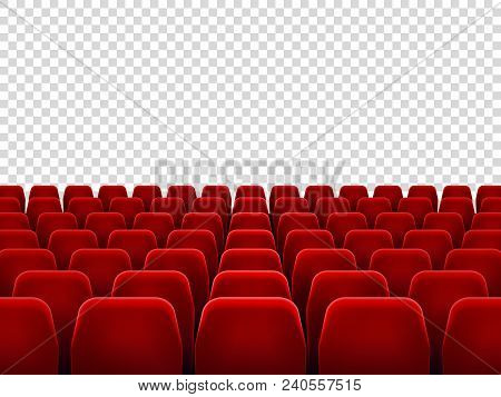 Seats At Empty Movie Hall Or Seat Chair For Film Screening Room. Isolated Red Armchairs For Cinema, 