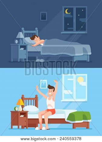 Man Sleeping Under Warm Duvet At Night, Waking Up Morning And Getting Out Of Comfortable Soft Bed. P