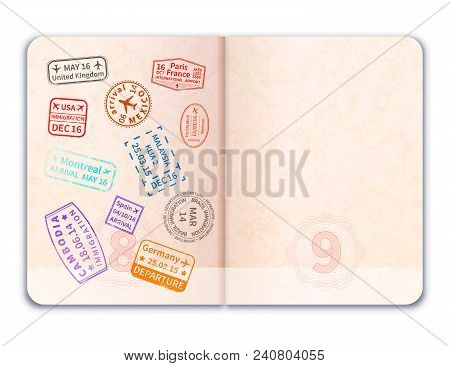 Realistic Open Foreign Passport With Immigration Stamps On One Of Pages Isolated On White