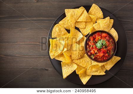 mexican salsa dip and nachos tortilla chips