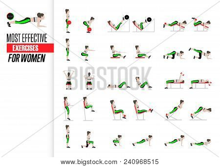 Set Of Sport Exercises. Exercises With Free Weight. Exercises In A Gym. Illustration Of An Active Li