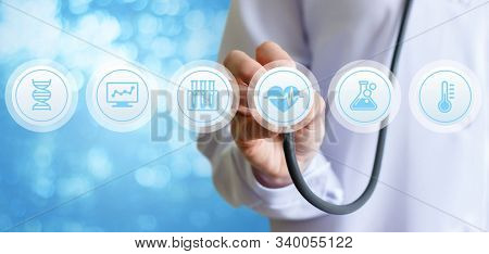 Health Concept - Doctor, Hospital With Health Related Graphic. Healthcare People, Medical Treatment,