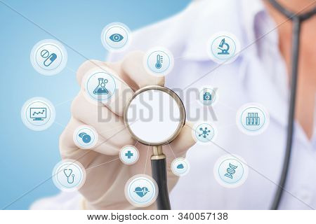 Health Concept - Doctor, Hospital With Health Related Graphic. Healthcare People, Medical Treatment,