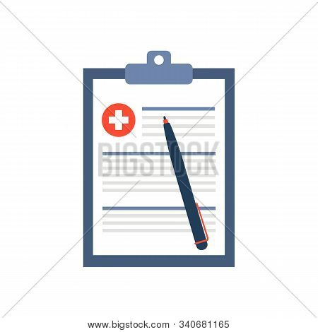 Medical Form, Medical Report. Clipboard With Cross, Pen And Checkmarks. Informed Consent, Prescripti