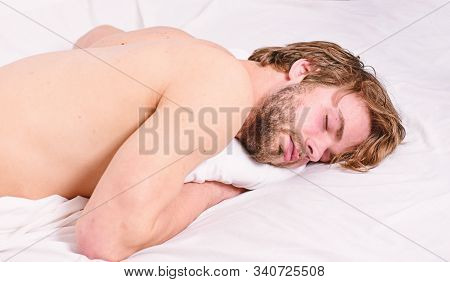 Man Unshaven Bearded Face Sleep Bed. Time For Nap. Sleep And Relax Concept. Man Handsome Guy Sleep. 