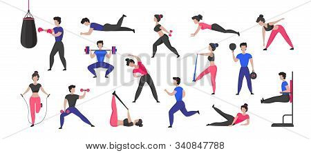 Sport Training. Cartoon Male And Female Characters Doing Sport Exercises And Healthy Activities. Vec