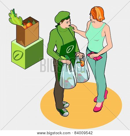 Isometric Greengrocer Shop - Owner And Customer Women