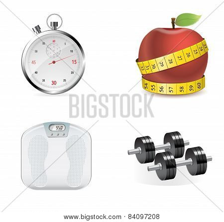 Vector flat set of fitness woman. Flat illustration of fitness elements.