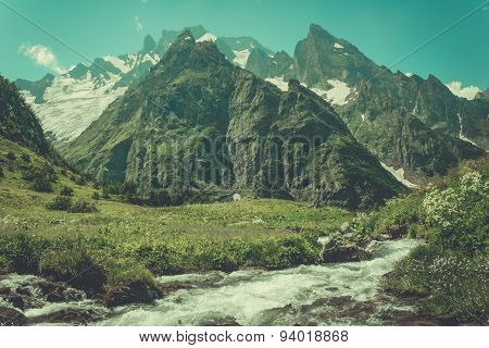 Mountain Valley, A Top View Of The River Bed.landscape With A Mountain River. Landscape With Mountai