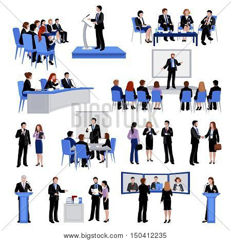 Public speaking people flat icons collection with conference meetings and workshop presentations abstract isolated vector illustration