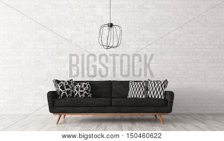 Interior Of Living Room With Sofa Over Brick Wall 3D Rendering